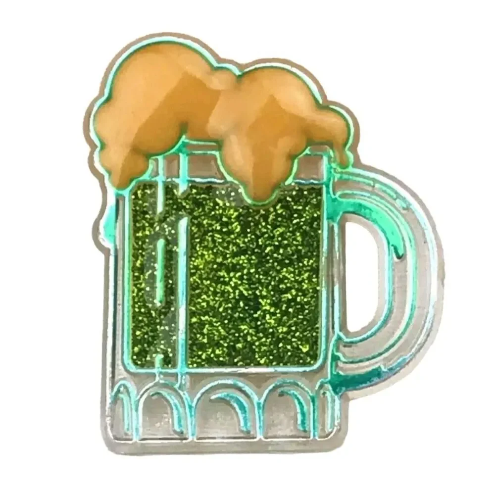 Green Glitter Beer Mug Pin Brooch St. Patrick’s Day Novelty Lapel Accessory